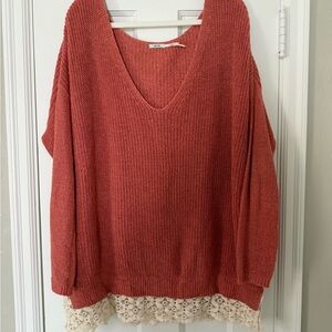 Kimchi Blue V-Neck Sweater in Coral with Lace Hem